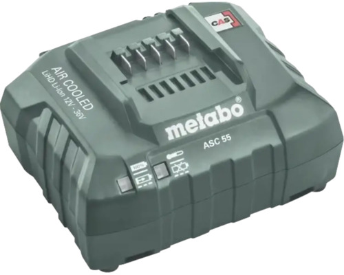 Chargeur de batterie Metabo ASC 55 pour batteries lithium-ion de 12 à 36 volts avec refroidissement par air. Metabo Logo. CAS Logo.