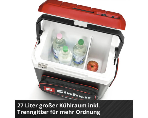Glacière Einhell de 27 litres, couvercle ouvert, grille de séparation, trois bouteilles, une pomme et poche avant avec Einhell Logo.