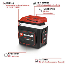 Glacière hybride Einhell avec fonction refroidissement et maintien au chaud, 27 litres, fonctionne sur 12, 18 ou 230 volts, avec poches accessoires.