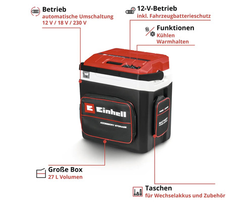 Glacière hybride Einhell avec fonction refroidissement et maintien au chaud, 27 litres, fonctionne sur 12, 18 ou 230 volts, avec poches accessoires.