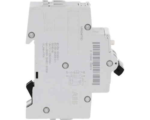 ABB FI/LS-Schalter für 230 Volt mit technischen Angaben und Schaltplan in der Seitenansicht.