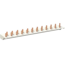 Peigne de raccordement monophasé à picots pour disjoncteurs, matériaux cuivre et plastique.
