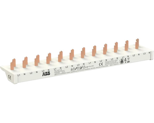 ABB Phasenschiene 3-phasig mit Neutralleiter für Sicherungsautomaten, 10 Quadratmillimeter, ABB Logo und CE-Kennzeichnung.