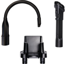 Set d'accessoires pour aspirateur avec suceur plat flexible, support mural et brosse combinée en plastique noir.