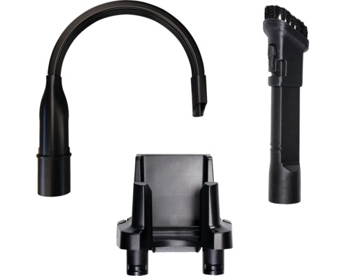 Set d'accessoires pour aspirateur avec suceur plat flexible, support mural et brosse combinée en plastique noir.