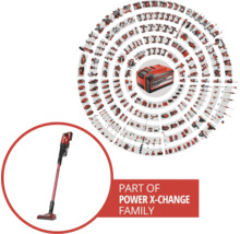 Aspirateur balai sans fil Einhell faisant partie de la famille d'outils Power X-Change avec de nombreux appareils compatibles.