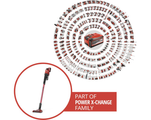 Aspirateur balai sans fil Einhell faisant partie de la famille d'outils Power X-Change avec de nombreux appareils compatibles.
