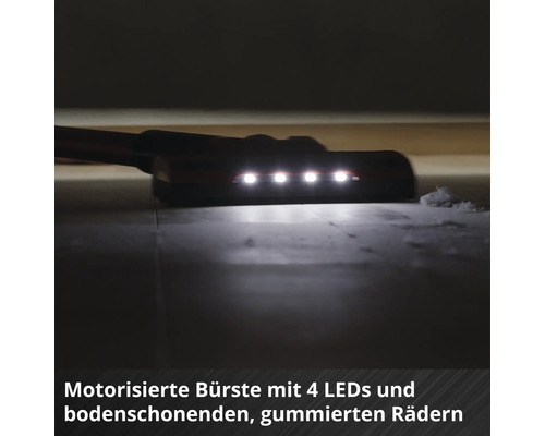 Brosse motorisée d'un aspirateur avec quatre LED et des roues en caoutchouc protégeant le sol.