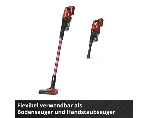 Aspirateur sans fil, utilisation flexible comme aspirateur balai et aspirateur à main, rouge-noir.