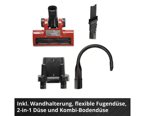Set d'accessoires pour aspirateur comprenant support mural, suceur plat flexible, suceur 2 en 1 et brosse combinée.