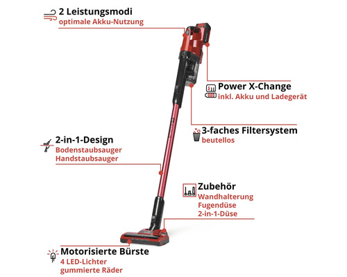 Aspirateur sans fil Einhell avec deux modes, design deux-en-un, système de filtration trois niveaux sans sac, brosse motorisée et Power X-Change.