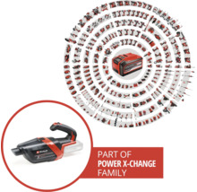 Aspirateur à main sans fil Einhell de la gamme Power X-Change avec aperçu des outils et appareils de jardinage compatibles.