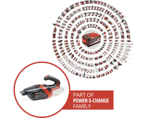 Aspirateur à main sans fil Einhell de la gamme Power X-Change avec aperçu des outils et appareils de jardinage compatibles.
