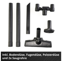 Kit d accessoires pour aspirateur comprenant un suceur sol, un suceur plat, une brosse pour tissus, deux tubes d aspiration et un support.