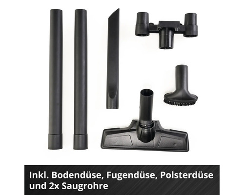 Kit d accessoires pour aspirateur comprenant un suceur sol, un suceur plat, une brosse pour tissus, deux tubes d aspiration et un support.