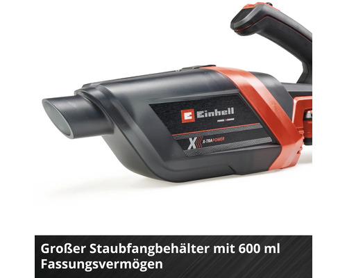 Aspirateur à main Einhell avec un bac à poussière d'une capacité de 600 millilitres.