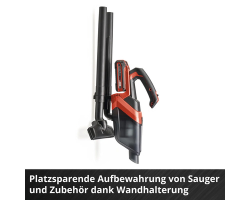 Aspirateur à main sans fil avec accessoires dans un support mural pour un gain de place.