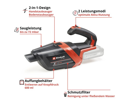 Aspirateur à main Einhell sans fil, design 2 en 1, 72 millibars de puissance, réservoir de 600 millilitres, 2 modes et filtre lavable.