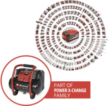 Compresseur Einhell faisant partie de la famille Power X-Change avec outils compatibles et batterie.