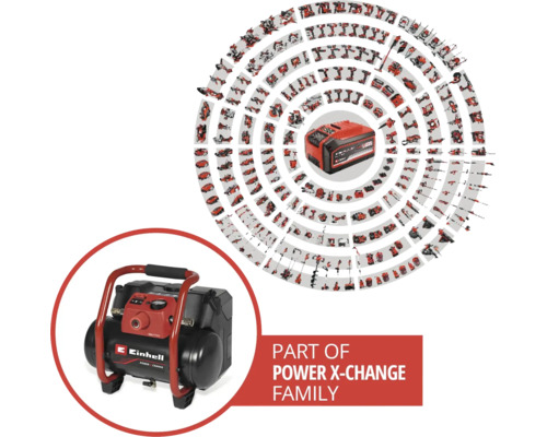 Compresseur Einhell faisant partie de la famille Power X-Change avec outils compatibles et batterie.
