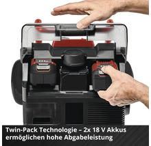 Compresseur sans fil avec deux batteries 18 Volt sous un couvercle transparent, technologie Twin-Pack pour une puissance élevée.