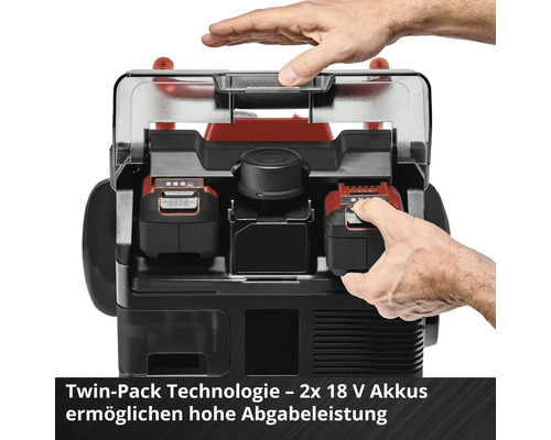 Compresseur sans fil avec deux batteries 18 Volt sous un couvercle transparent, technologie Twin-Pack pour une puissance élevée.