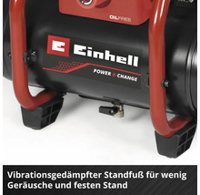 Compresseur Einhell Power X-Change avec pieds amortisseurs de vibrations pour la stabilité et moins de bruit. Einhell Logo.