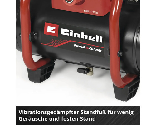Compresseur Einhell Power X-Change avec pieds amortisseurs de vibrations pour la stabilité et moins de bruit. Einhell Logo.