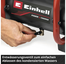 Einhell Logo, une main ouvre la soupape de purge du compresseur pour évacuer l'eau de condensation.