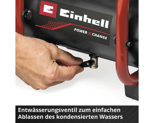 Einhell Logo, une main ouvre la soupape de purge du compresseur pour évacuer l'eau de condensation.
