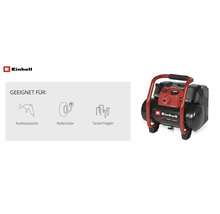 Einhell Logo et compresseur portable avec symboles d'application pour soufflette, gonfleur de pneus et agrafeuse ou cloueuse.