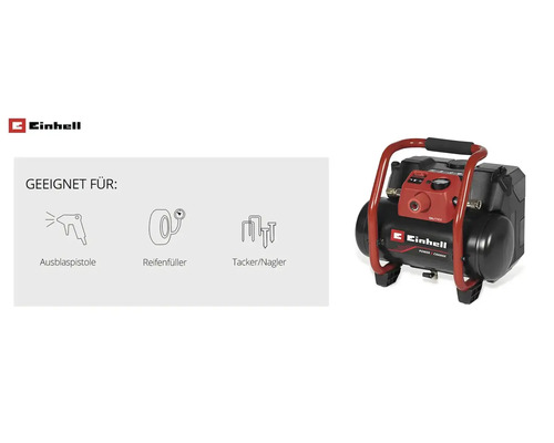 Einhell Logo et compresseur portable avec symboles d'application pour soufflette, gonfleur de pneus et agrafeuse ou cloueuse.
