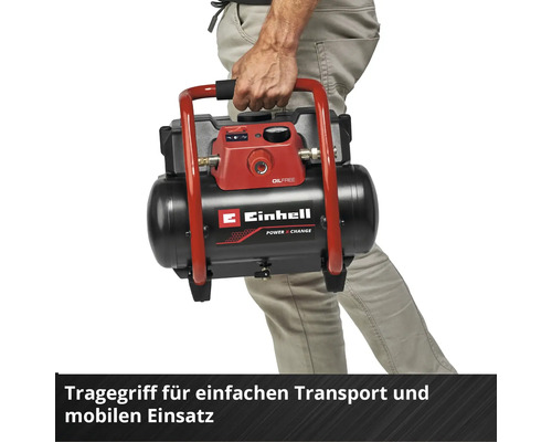 Compresseur sans fil Einhell avec poignée de transport pour un transport facile et une utilisation mobile.