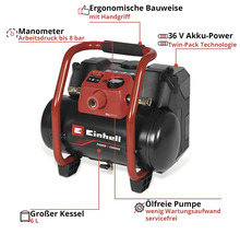 Compresseur sans fil Einhell avec réservoir de 6 litres, puissance 36 Volt, pompe sans huile, manomètre jusqu'à 8 bar et poignée ergonomique.