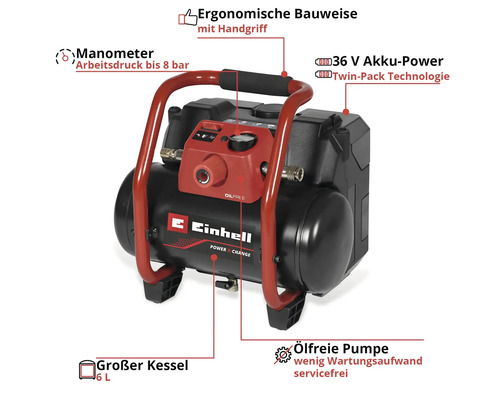 Compresseur sans fil Einhell avec réservoir de 6 litres, puissance 36 Volt, pompe sans huile, manomètre jusqu'à 8 bar et poignée ergonomique.