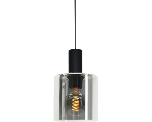 Pendelleuchte mit zylindrischem Glasschirm, schwarzer Fassung und sichtbarem Filament-Leuchtmittel.