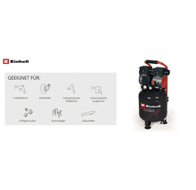 Compresseur Einhell Silent Plus avec aperçu des applications adaptées telles que soufflette, gonfleur de pneus, pistolets de peinture et agrafeuse.