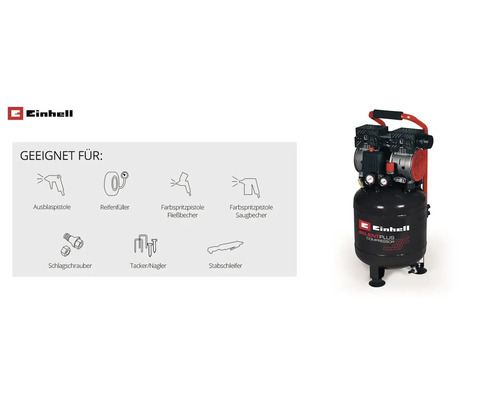 Compresseur Einhell Silent Plus avec aperçu des applications adaptées telles que soufflette, gonfleur de pneus, pistolets de peinture et agrafeuse.