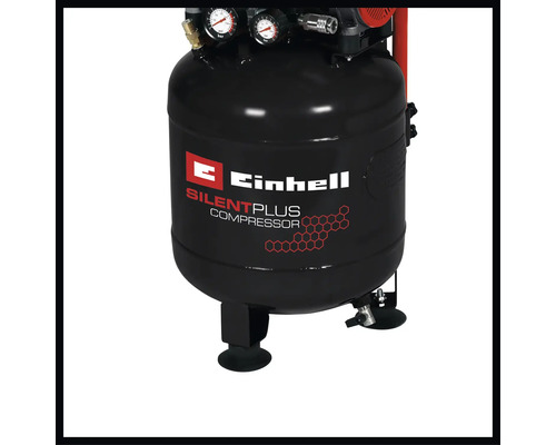 Compresseur Einhell SilentPlus avec manomètres et pieds.