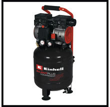 Compresseur Einhell SilentPlus avec cuve verticale, deux unités moteur, deux manomètres et une poignée de transport.