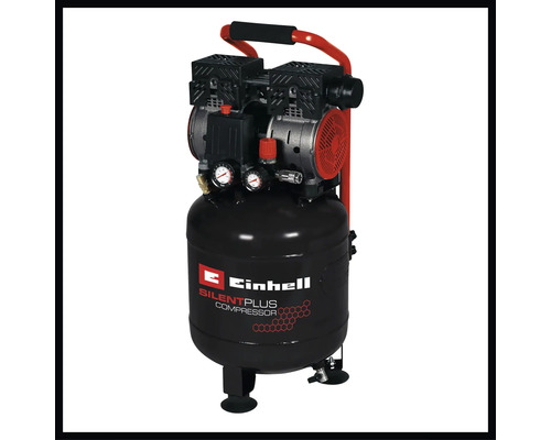 Compresseur Einhell SilentPlus avec cuve verticale, deux unités moteur, deux manomètres et une poignée de transport.