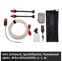 Kit d'accessoires pour nettoyeur à pression comprenant tuyau, flacon pulvérisateur, adaptateur, housse de batterie et sac de rangement.