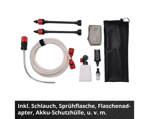 Kit d'accessoires pour nettoyeur à pression comprenant tuyau, flacon pulvérisateur, adaptateur, housse de batterie et sac de rangement.