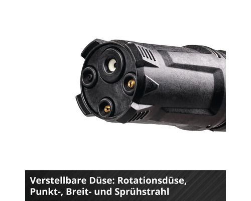 Buse réglable pour nettoyeur haute pression avec buse rotative, jet ponctuel, jet plat et jet pulvérisé.
