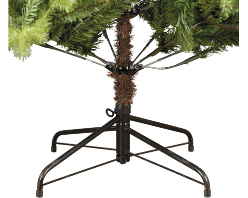 Detailansicht eines Metallständers für einen künstlichen Weihnachtsbaum mit vier Standfüßen und Klappmechanismus der Zweige am Stamm.