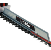Collecteur de dechets de coupe Einhell Hedgeraker monte sur le lamier d un taille-haie.