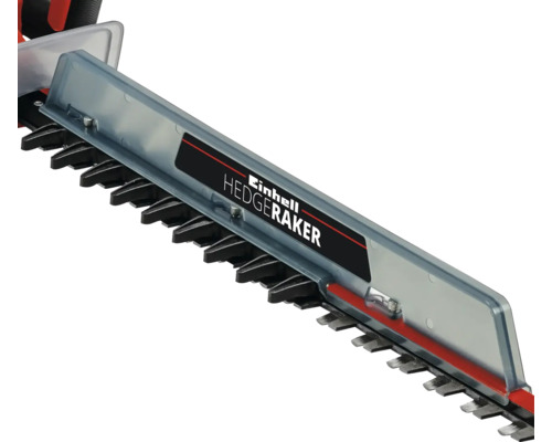 Collecteur de dechets de coupe Einhell Hedgeraker monte sur le lamier d un taille-haie.
