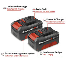 Einhell Power X-Change Doppelpack mit zwei 4,0 Amperestunden Akkus für 36 Volt, Ladestandsanzeige, Batteriemanagementsystem und Softgrip.