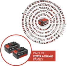 Einhell Power X-Change Akkusystem mat zwéin Akkuen an enger Auswiel u kompatiblen Handwierksgeschier a Gaardengeräter an enger Spiral.
