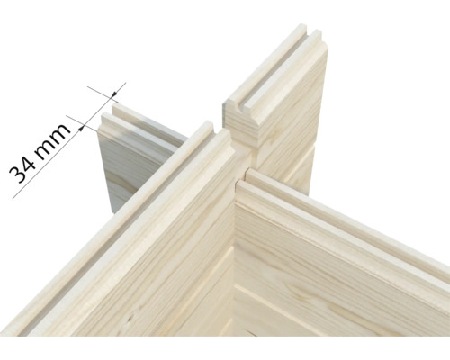 Assemblage d'angle de poutres en bois avec indication d'une épaisseur de paroi de 34 millimètres pour abris de jardin.